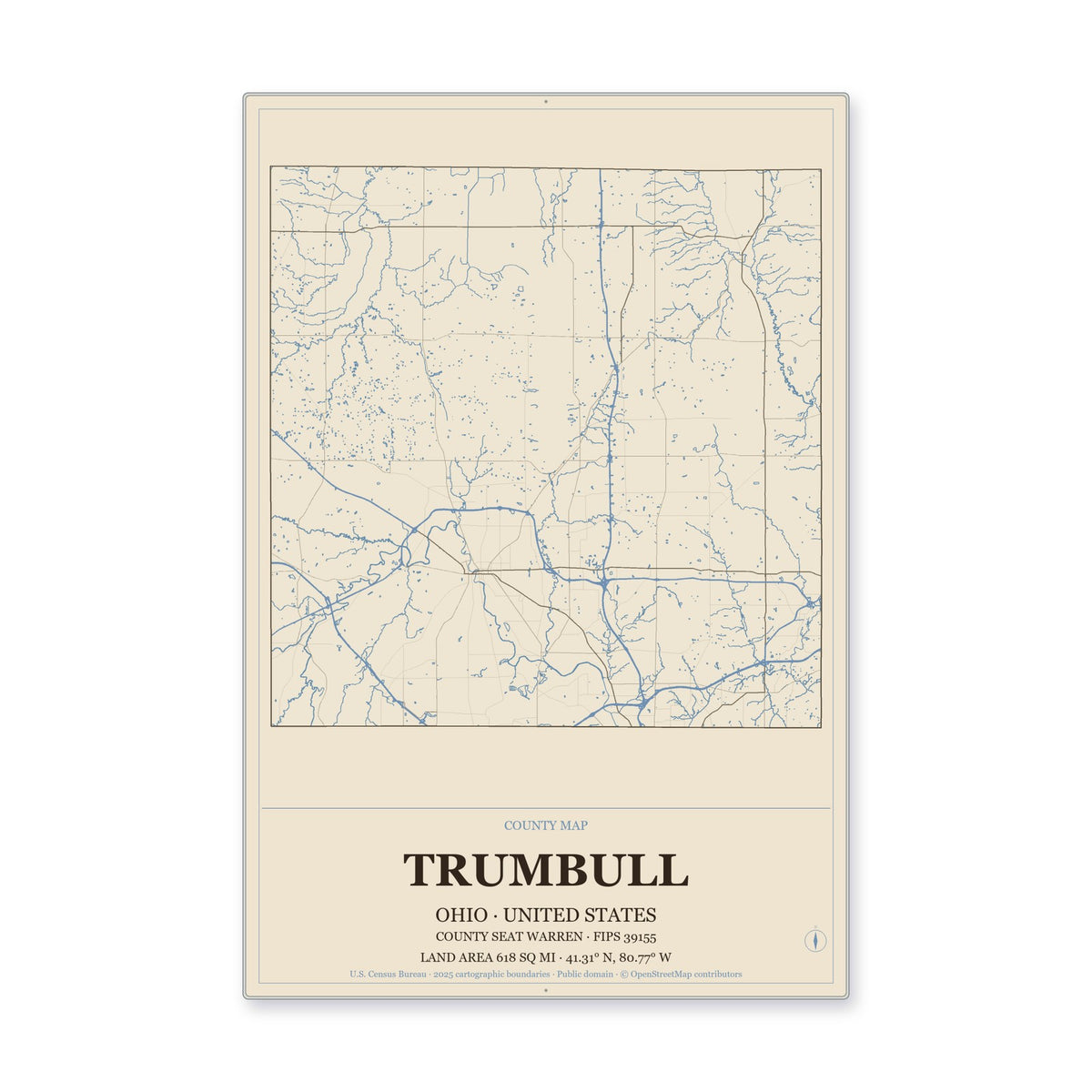 Trumbull County, Ohio Map Aluminum Sign in Heritage Nautical style