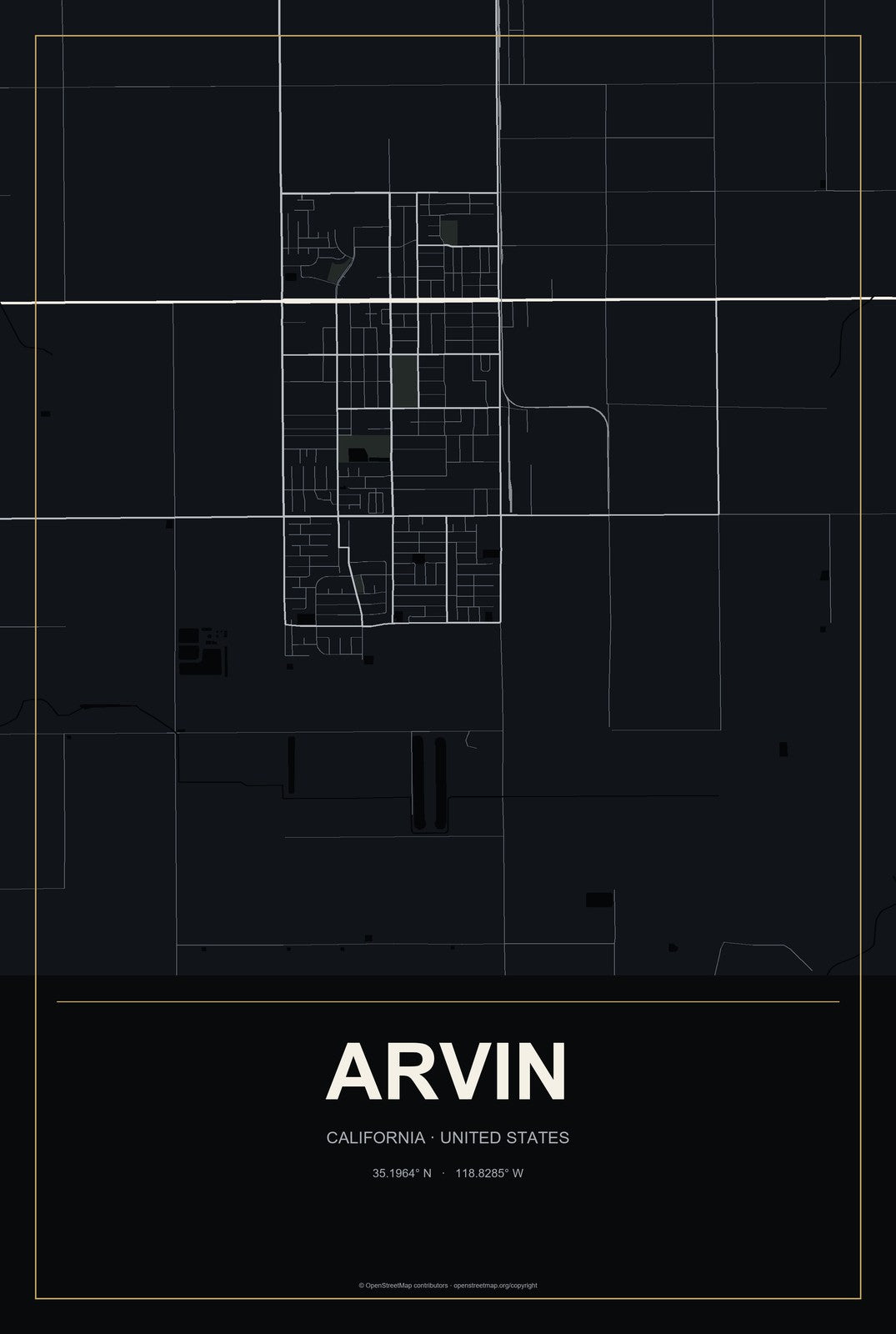 Arvin, California City Map Aluminum Sign in Metropolitan Noir style