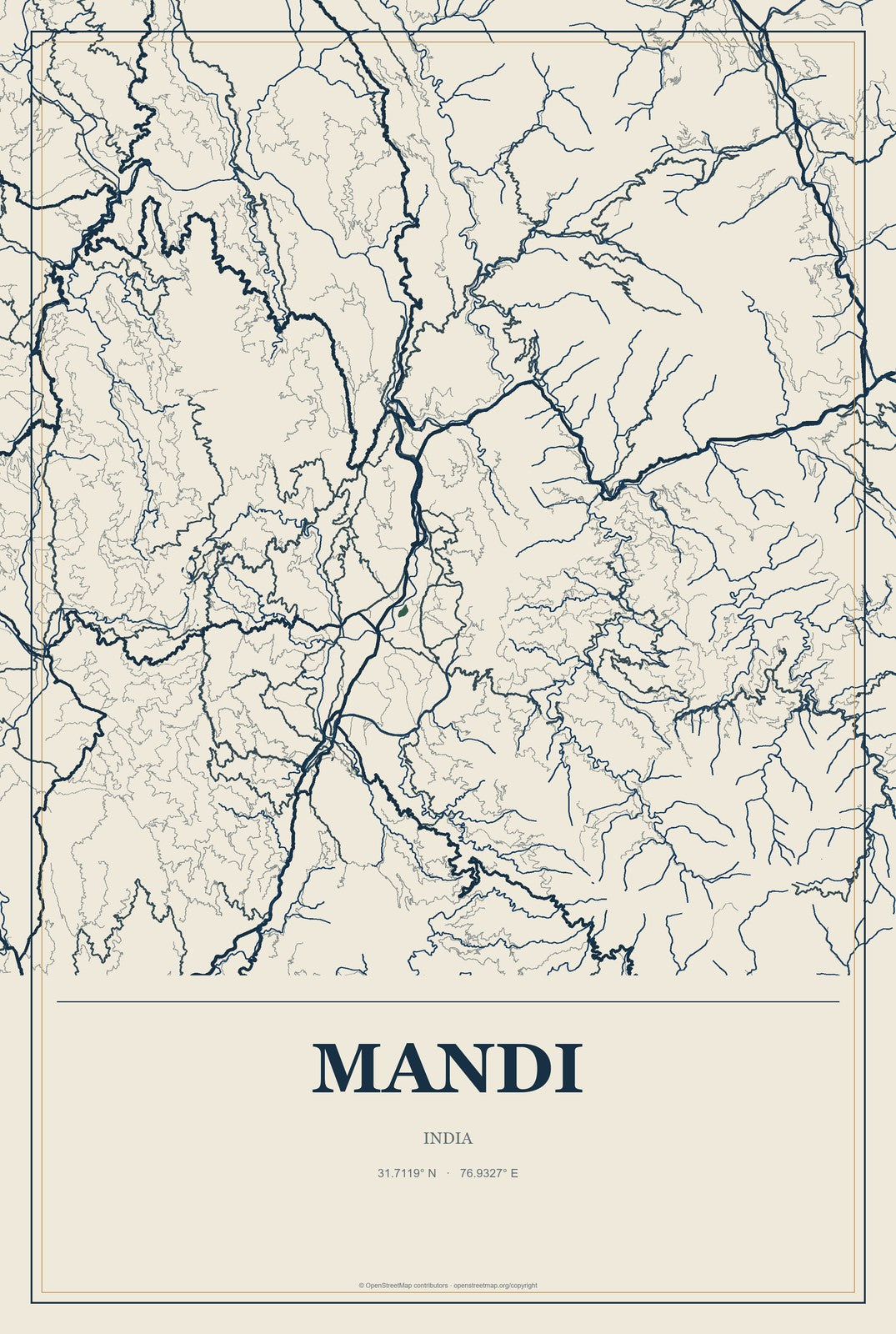 Mandi, India City Map Aluminum Sign in Coastal Cutout style