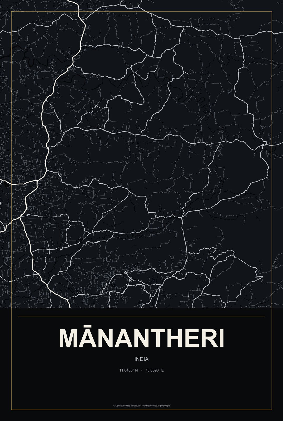 Mānantheri, India City Map Aluminum Sign in Metropolitan Noir style