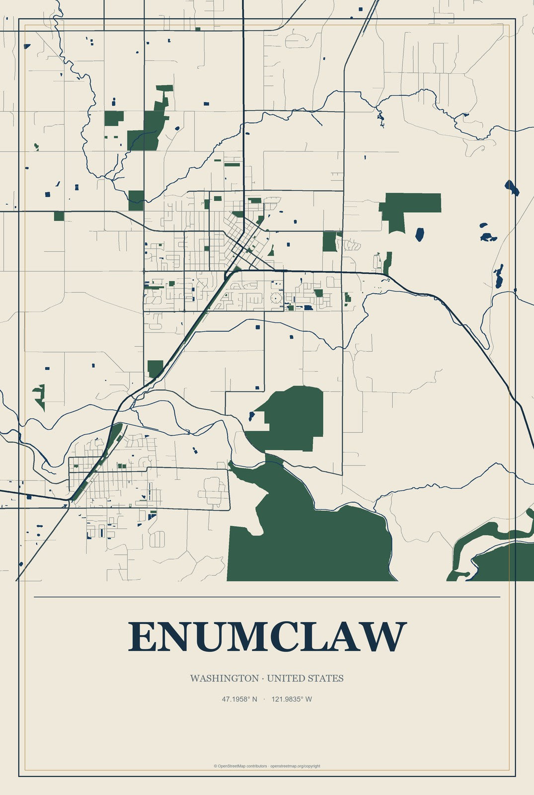 Enumclaw, Washington City Map Aluminum Sign in Coastal Cutout style
