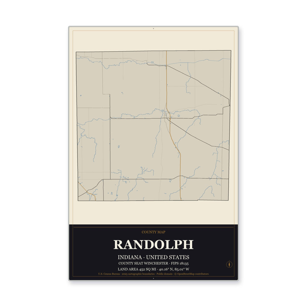 Randolph County, Indiana Map Aluminum Sign in Museum Plaque style