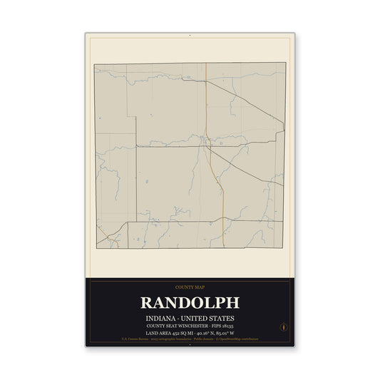 Randolph County, Indiana Map Aluminum Sign in Museum Plaque style