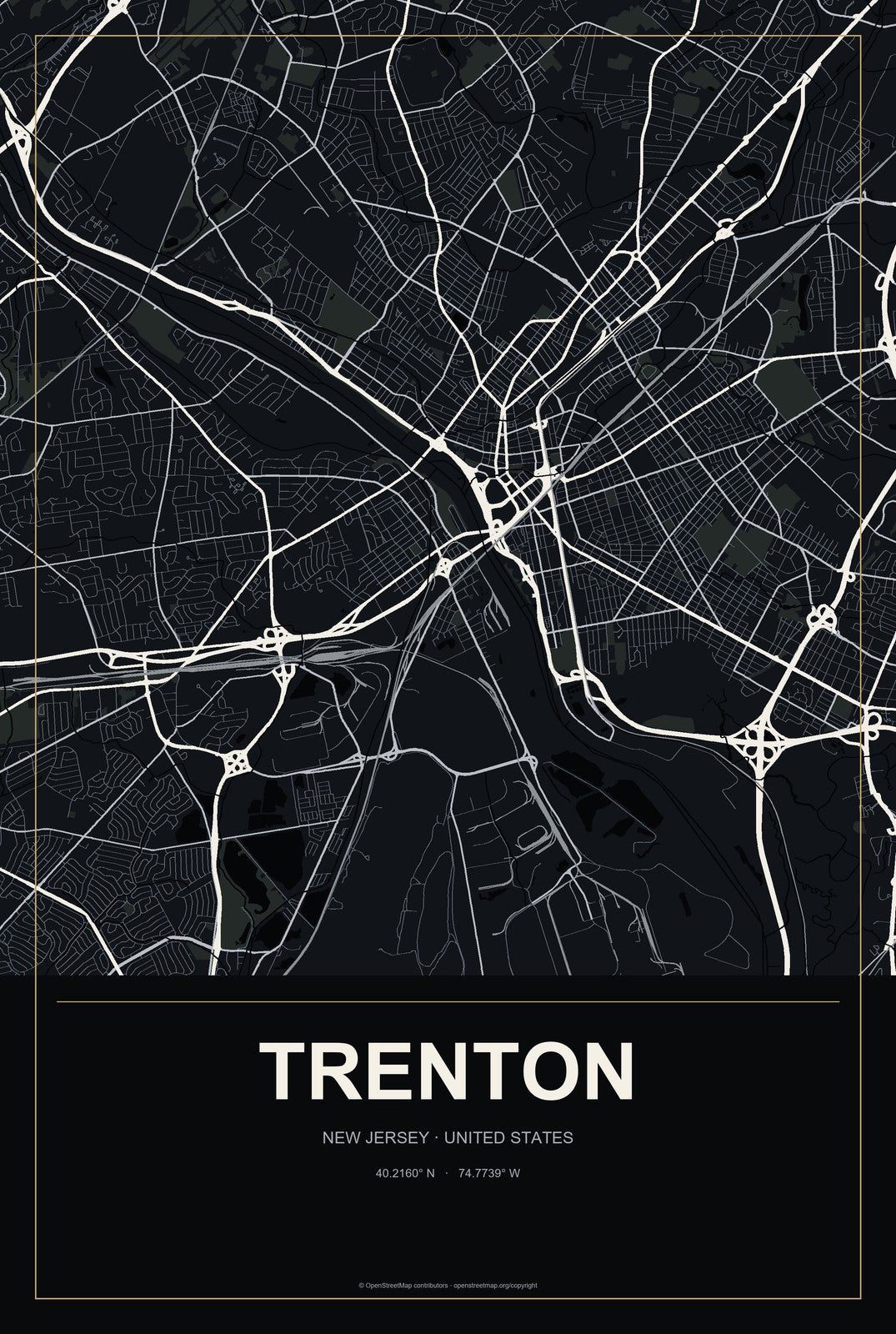 Trenton, New Jersey City Map Aluminum Sign in Metropolitan Noir style