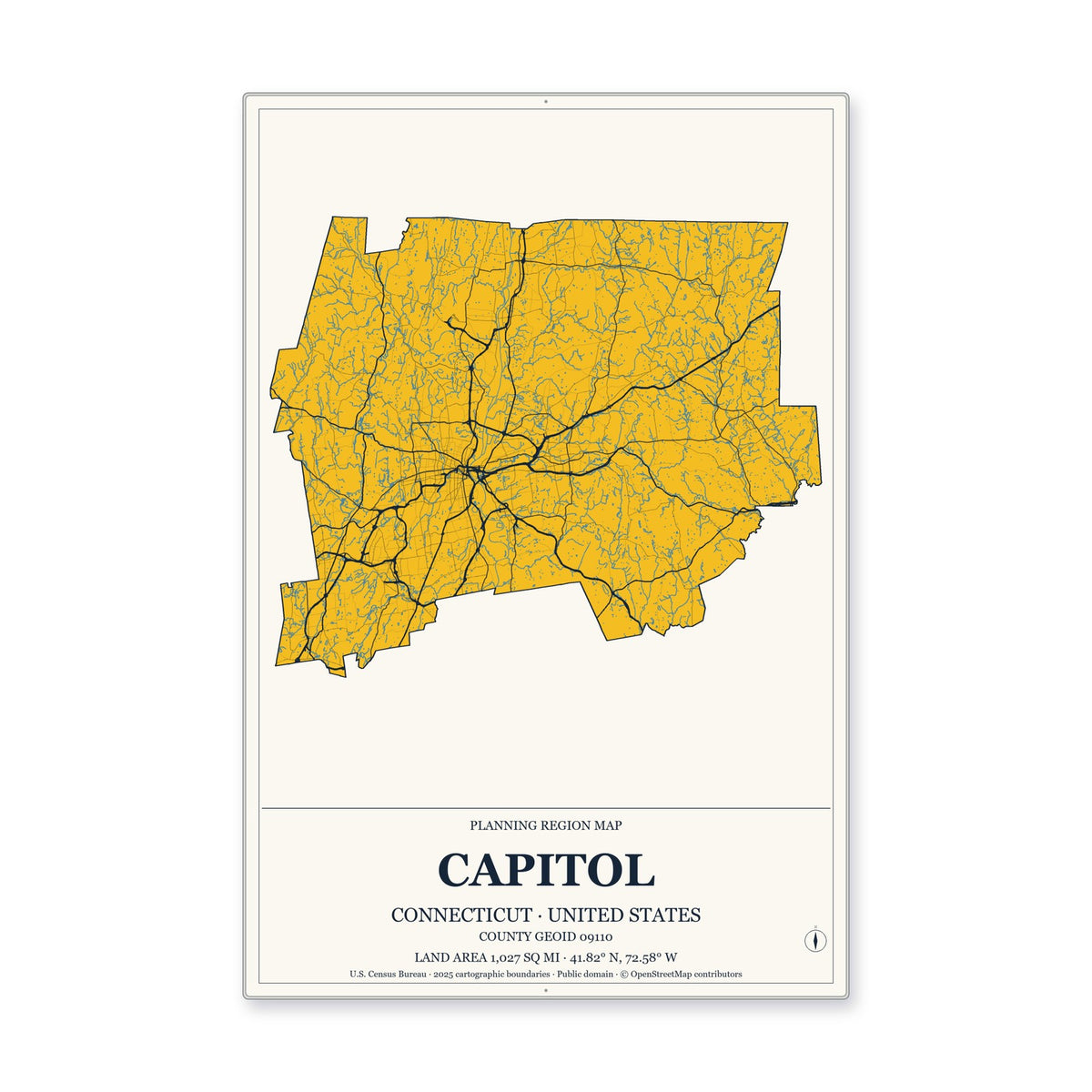 Capitol Planning Region, Connecticut Map Aluminum Sign in Citrine Modern style