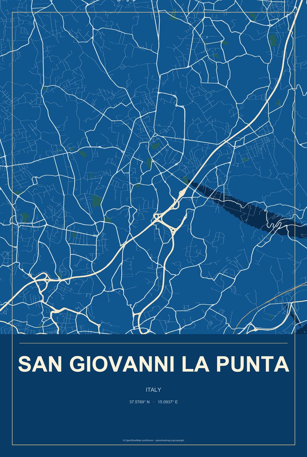 San Giovanni la Punta, Italy City Map Aluminum Sign in Harbor Cobalt style
