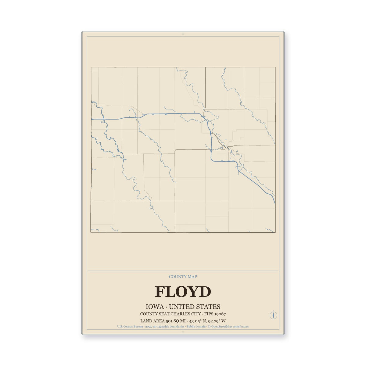 Floyd County, Iowa Map Aluminum Sign in Heritage Nautical style
