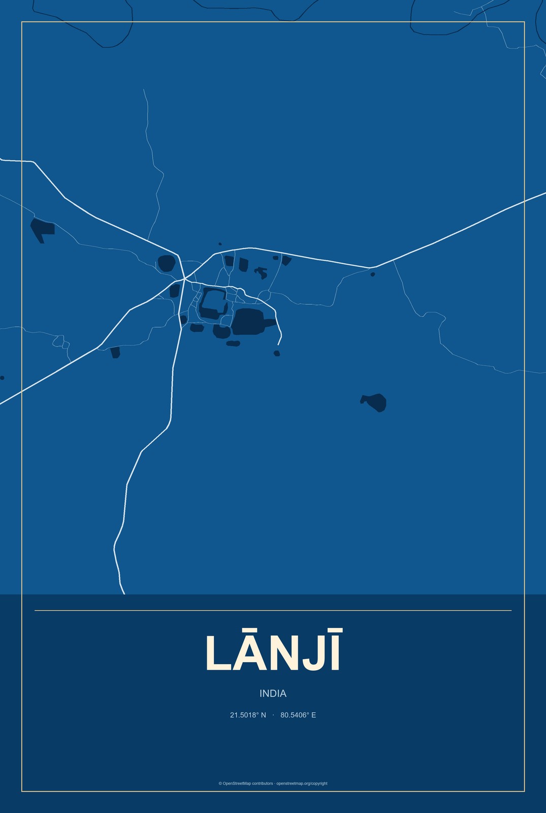 Lānjī, India City Map Aluminum Sign in Harbor Cobalt style
