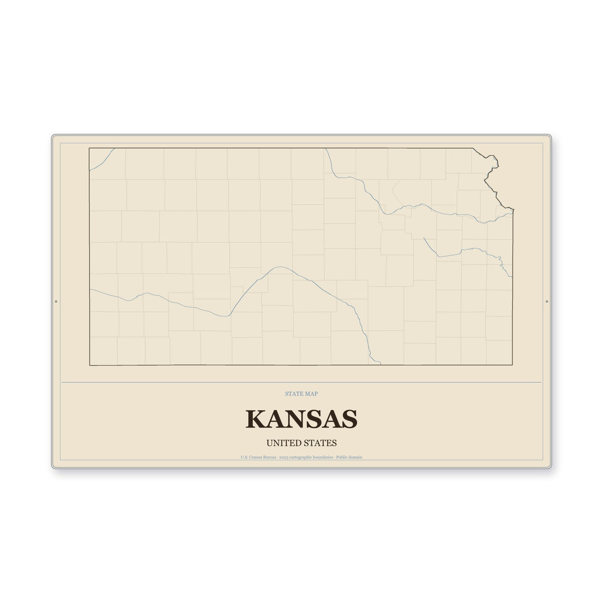 Kansas state map aluminum sign in Heritage Nautical style