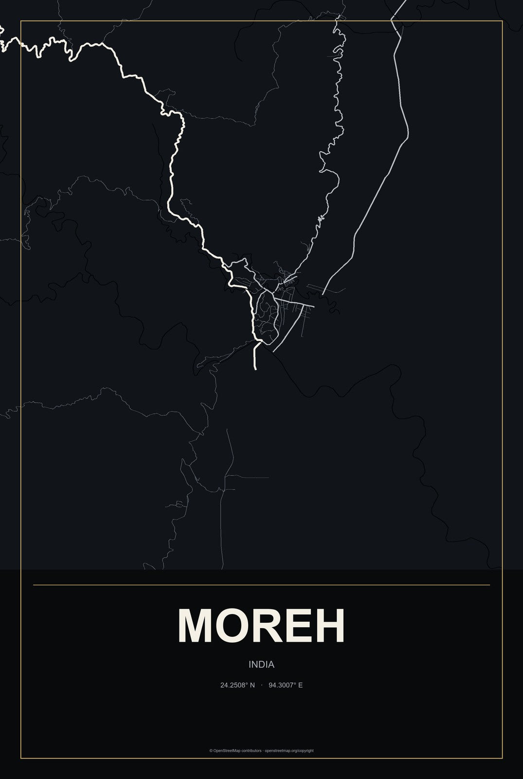 Moreh, India City Map Aluminum Sign in Metropolitan Noir style