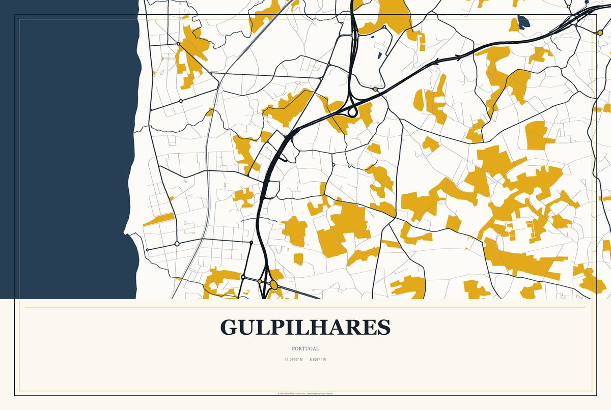 Gulpilhares, Portugal City Map Aluminum Sign in Citrine Modern style