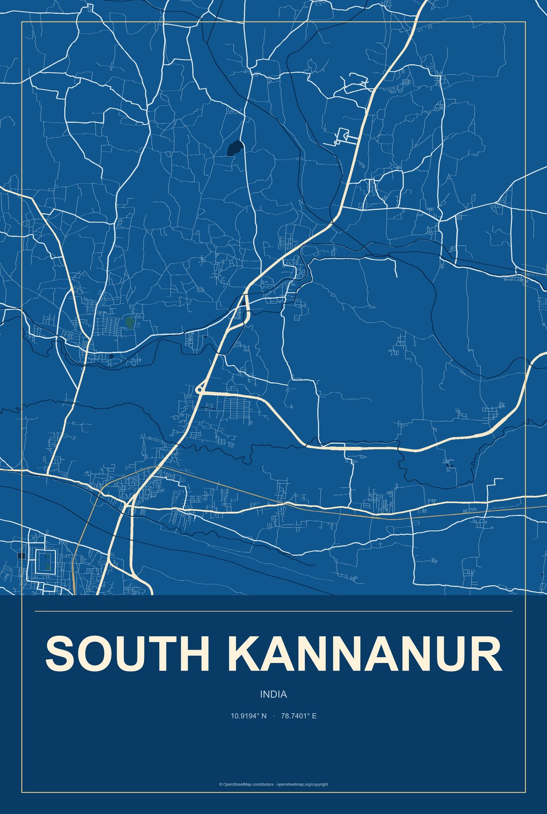 South Kannanur, India City Map Aluminum Sign in Harbor Cobalt style