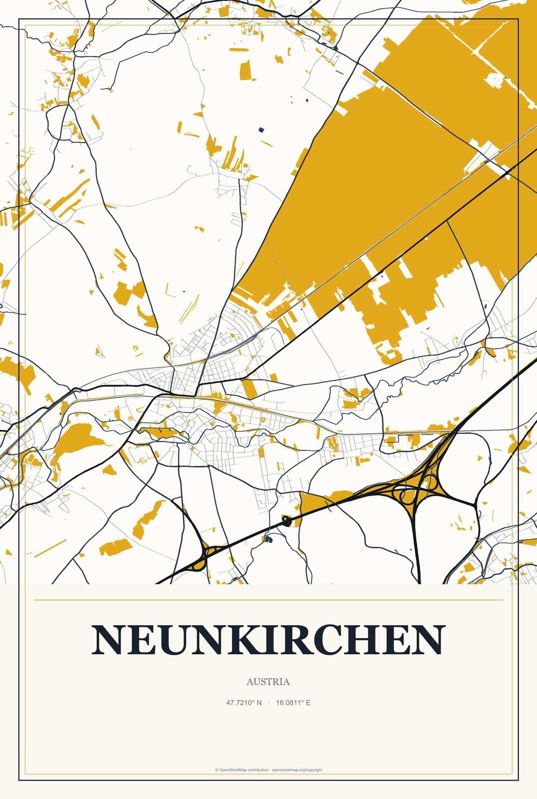 Neunkirchen, Austria City Map Aluminum Sign in Citrine Modern style