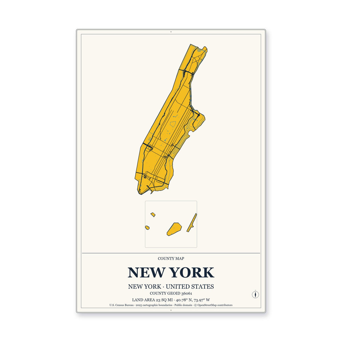 New York County, New York Map Aluminum Sign in Citrine Modern style