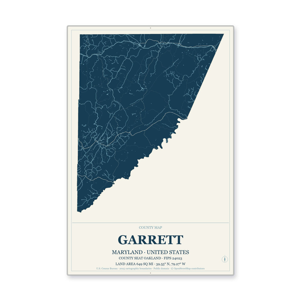Garrett County, Maryland Map Aluminum Sign in Coastal Cutout style