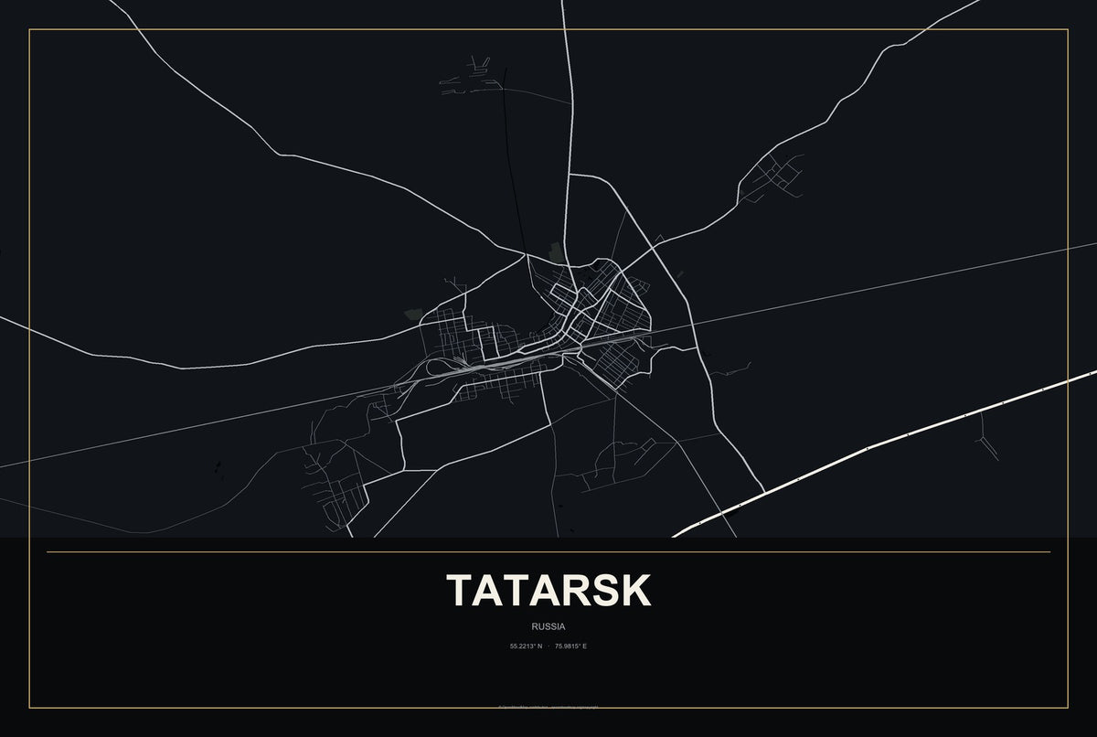 Tatarsk, Russia City Map Aluminum Sign in Metropolitan Noir style