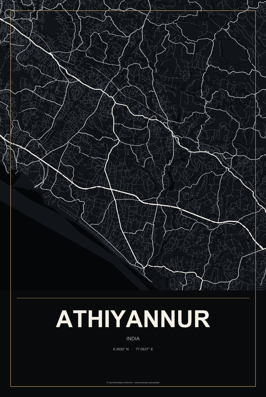 Athiyannur, India City Map Aluminum Sign in Metropolitan Noir style