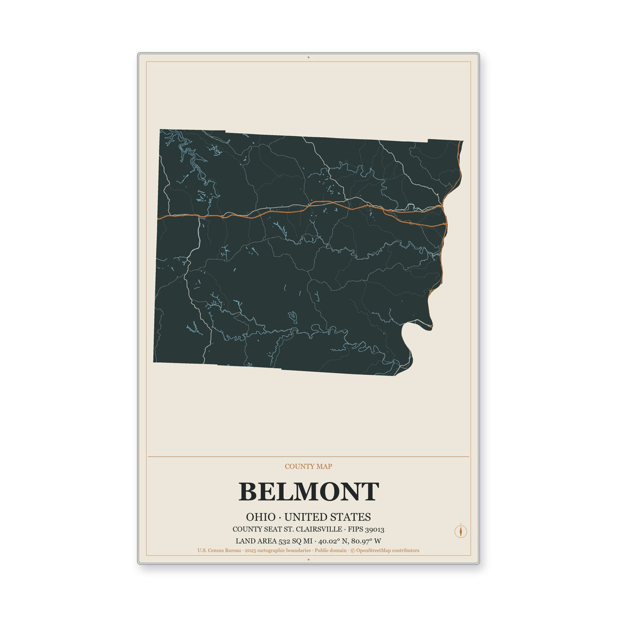 Belmont County, Ohio Map Aluminum Sign in Headline Atlas style