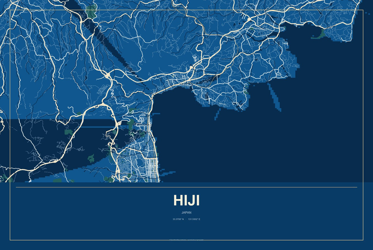 Hiji, Japan City Map Aluminum Sign in Harbor Cobalt style