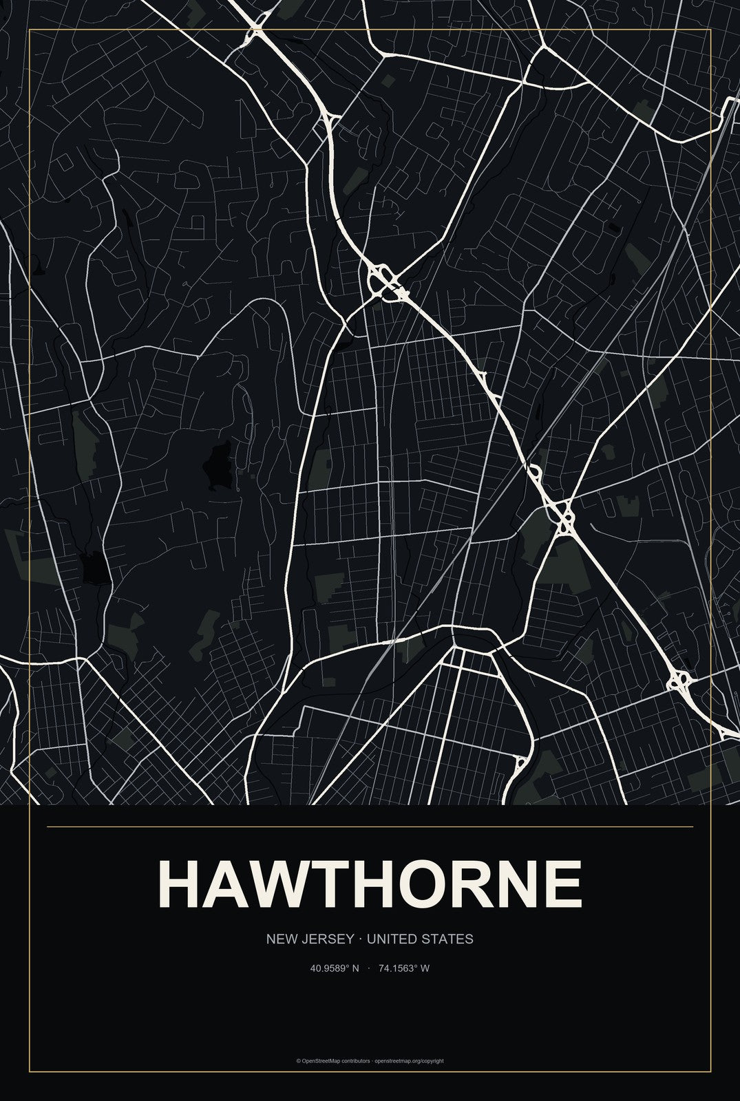 Hawthorne, New Jersey City Map Aluminum Sign in Metropolitan Noir style