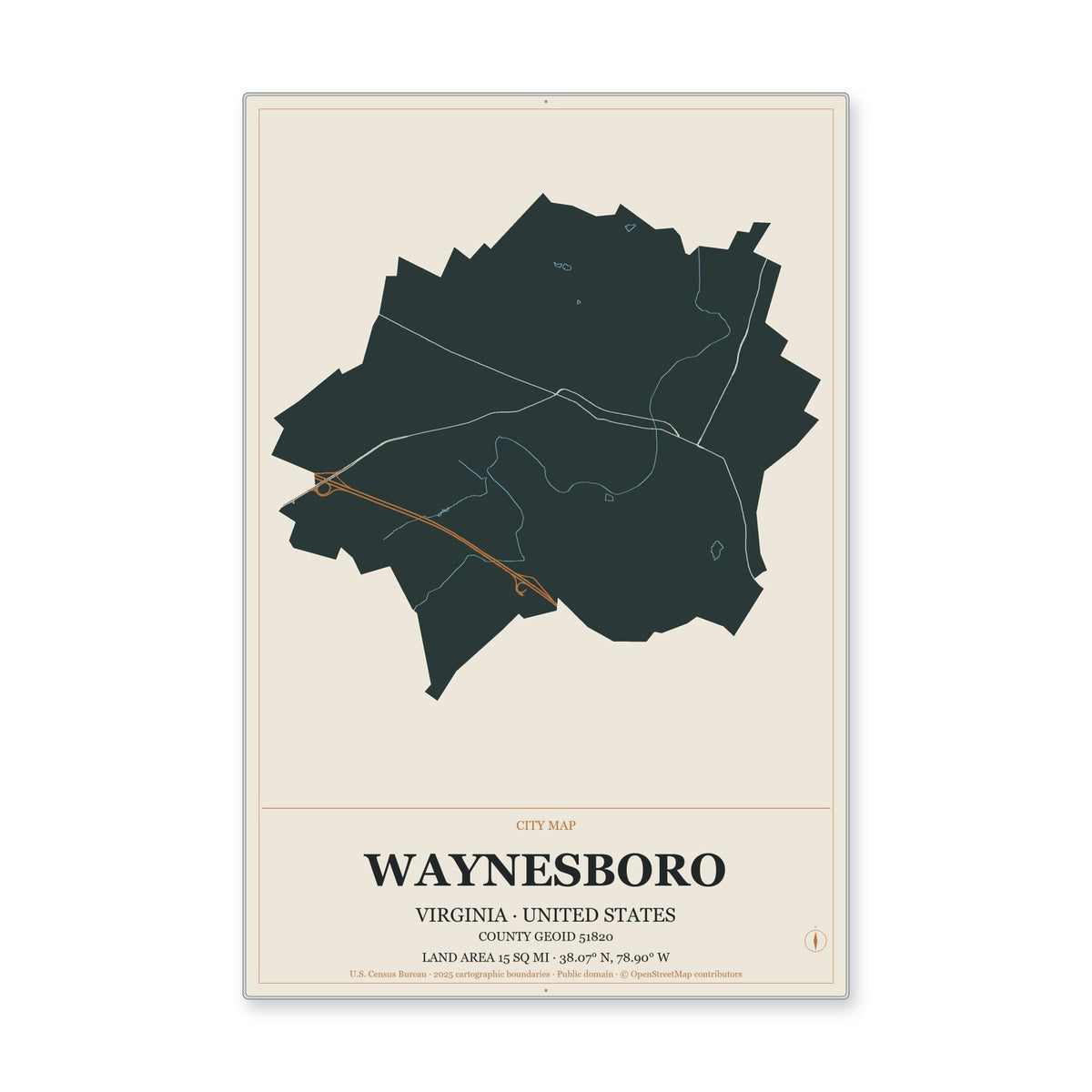 Waynesboro city, Virginia Map Aluminum Sign in Headline Atlas style