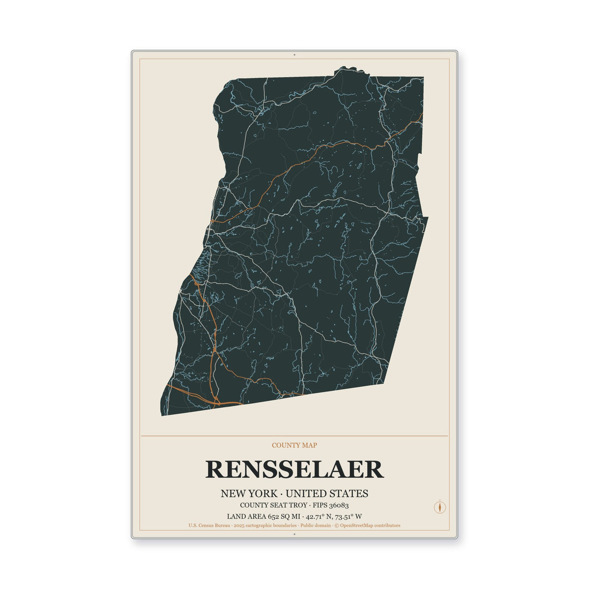Rensselaer County, New York Map Aluminum Sign in Headline Atlas style