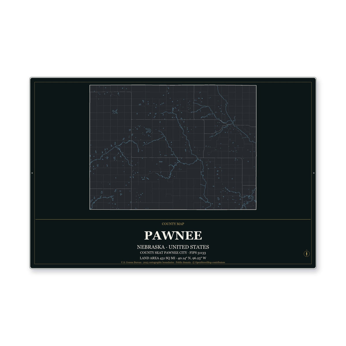 Pawnee County, Nebraska Map Aluminum Sign in Metropolitan Noir style