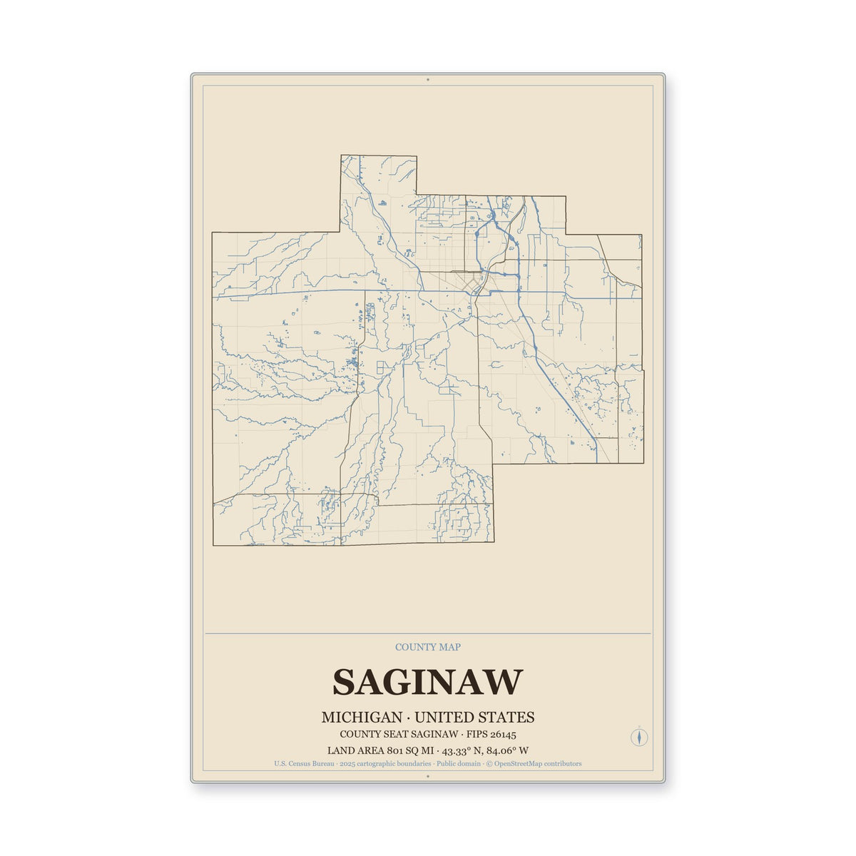 Saginaw County, Michigan Map Aluminum Sign in Heritage Nautical style