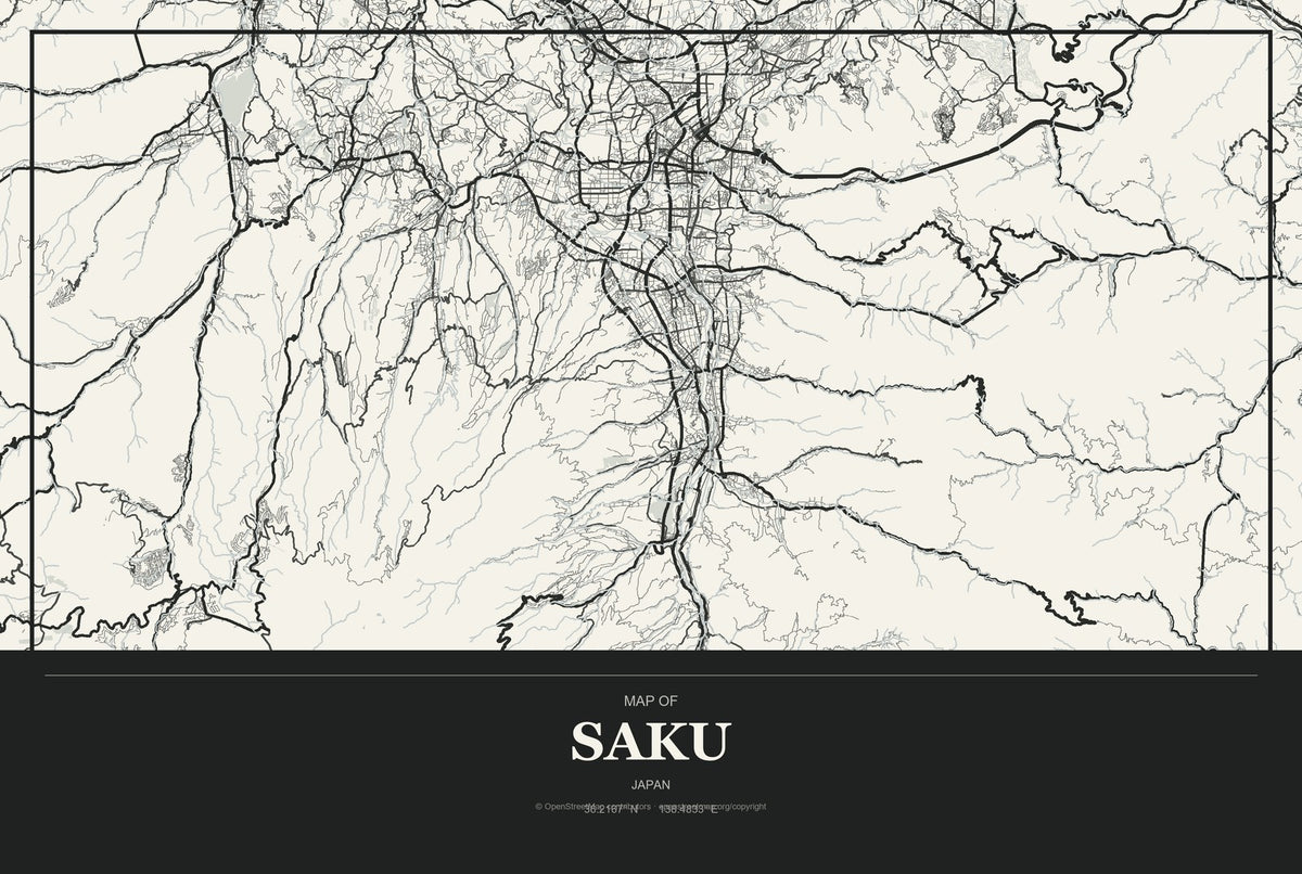 Saku, Japan City Map Aluminum Sign in Museum Plaque style