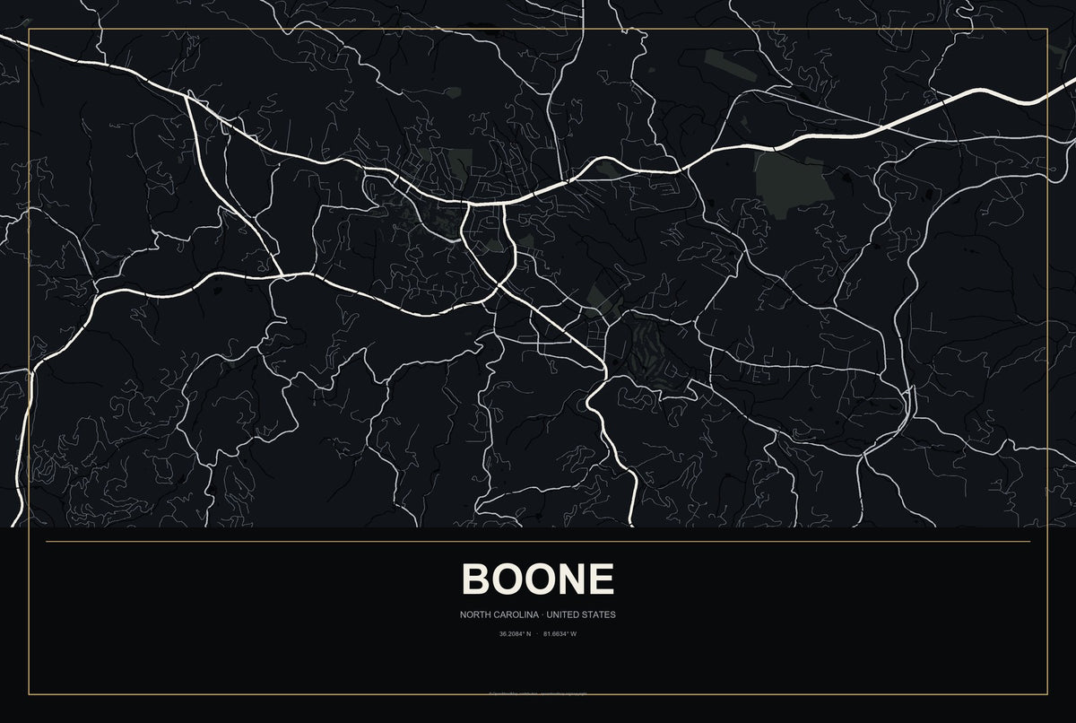 Boone, North Carolina City Map Aluminum Sign in Metropolitan Noir style