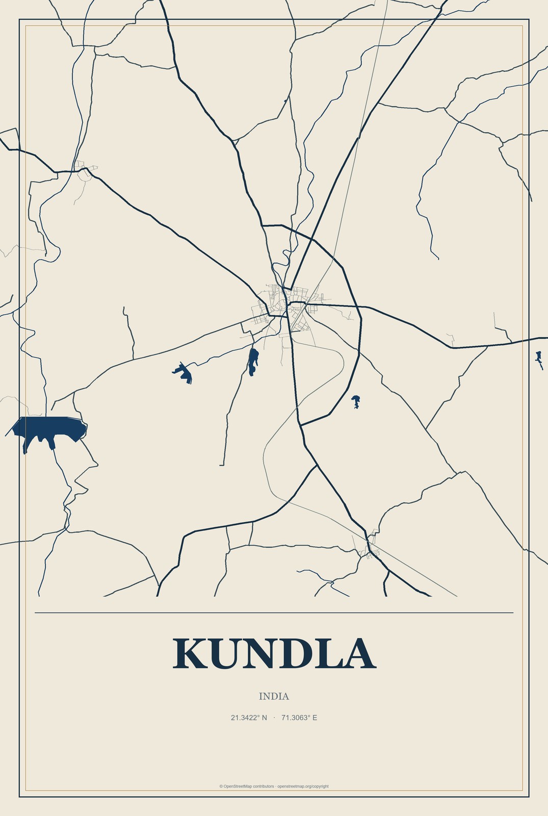 Kundla, India City Map Aluminum Sign in Coastal Cutout style