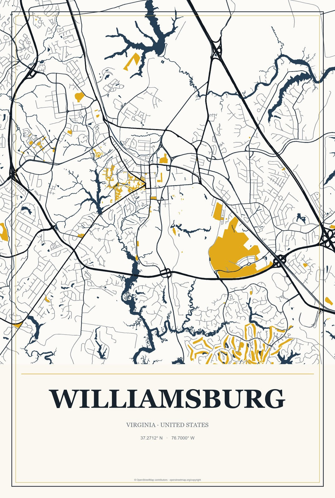 Williamsburg, Virginia City Map Aluminum Sign in Citrine Modern style
