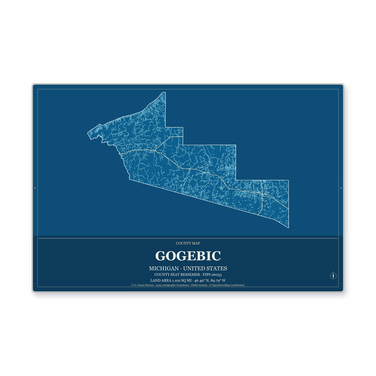 Gogebic County, Michigan Map Aluminum Sign in Harbor Cobalt style