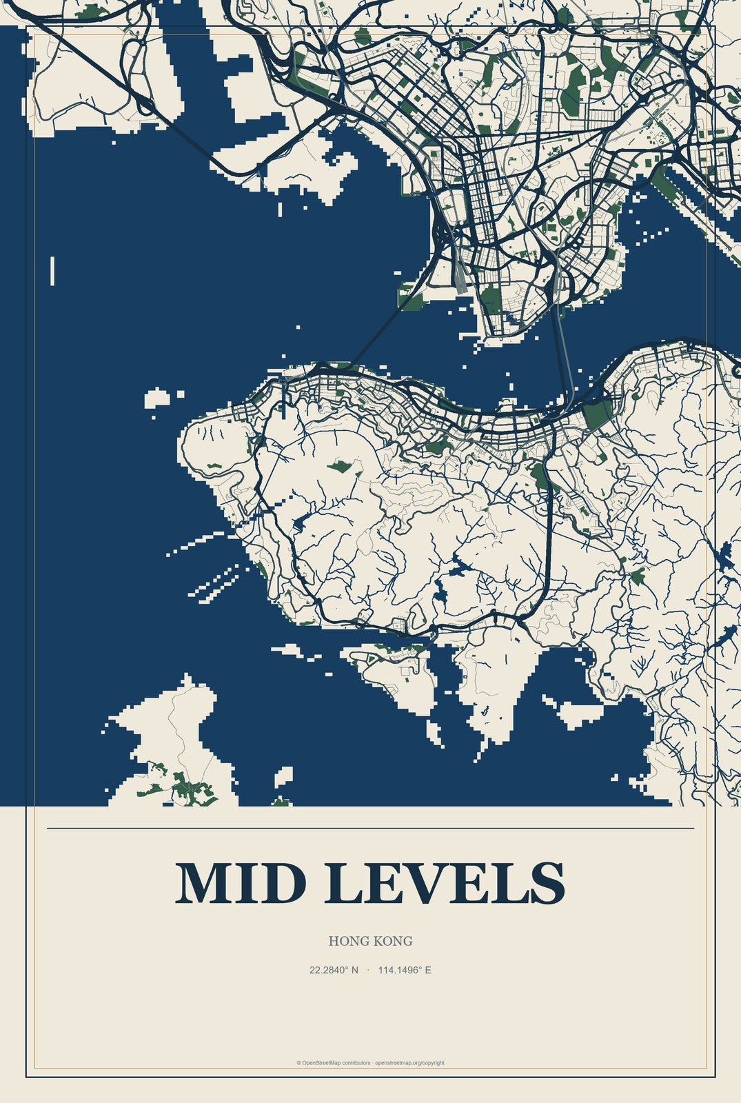 Mid Levels, Hong Kong City Map Aluminum Sign in Coastal Cutout style