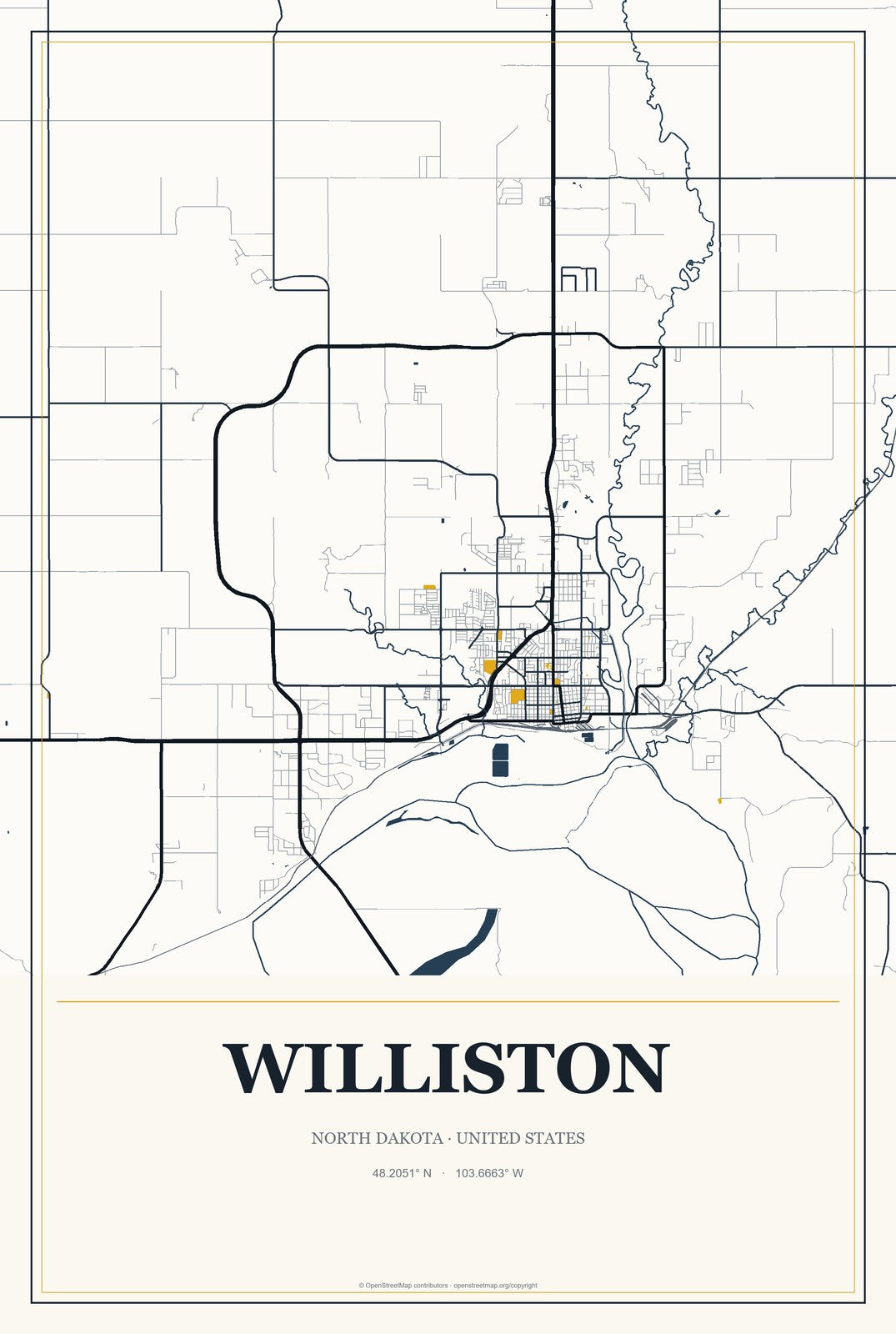 Williston, North Dakota City Map Aluminum Sign in Citrine Modern style