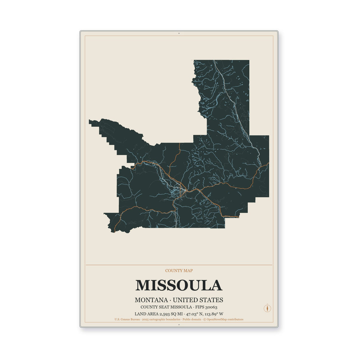 Missoula County, Montana Map Aluminum Sign in Headline Atlas style