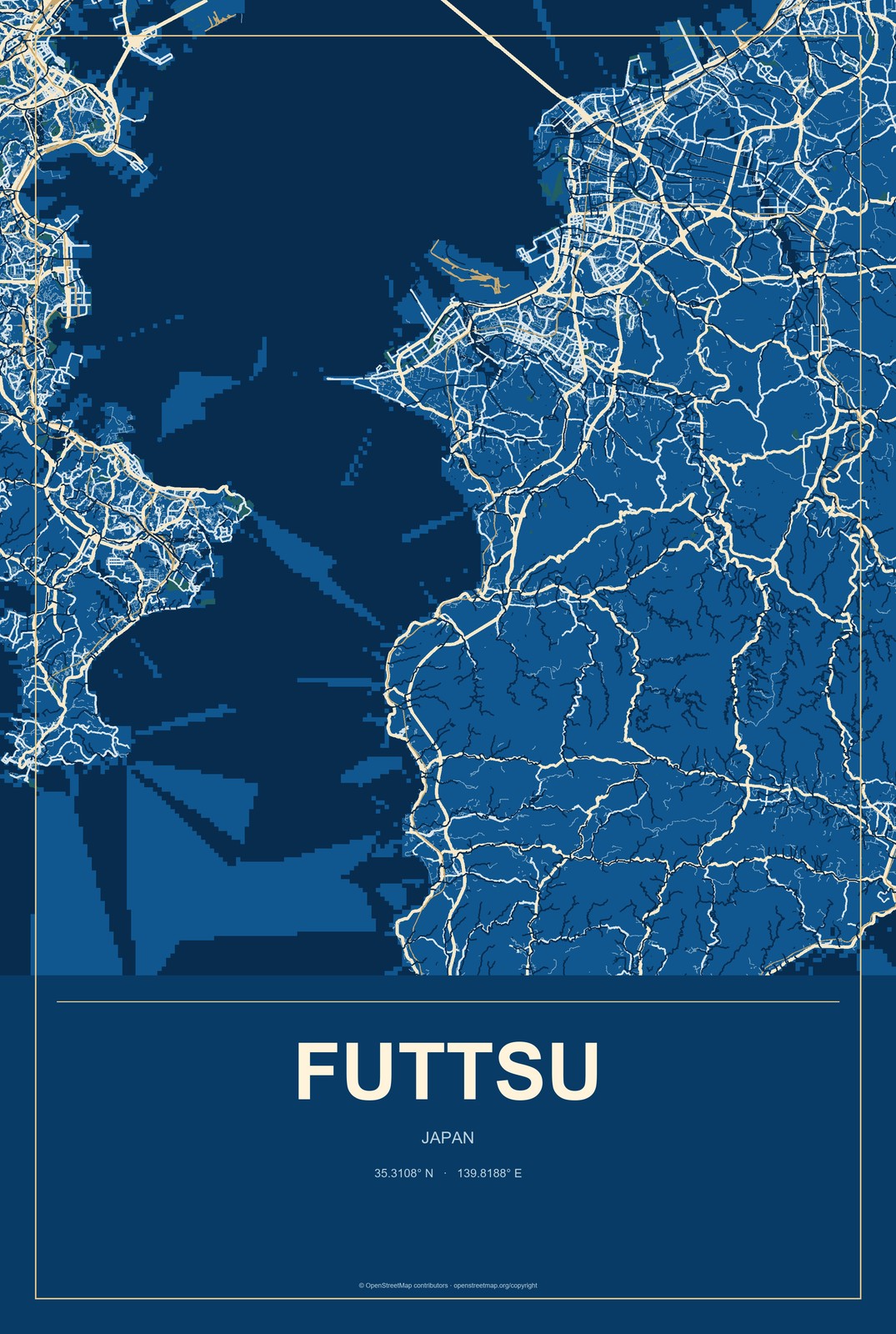 Futtsu, Japan City Map Aluminum Sign in Harbor Cobalt style