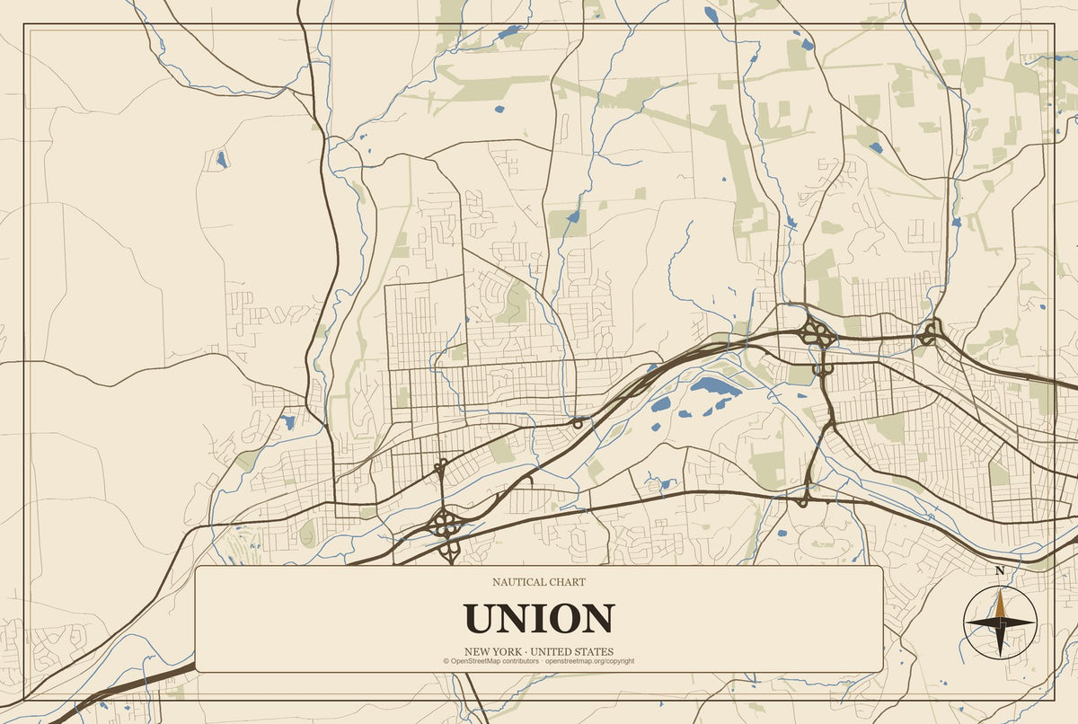 Union, New York City Map Aluminum Sign in Heritage Nautical style
