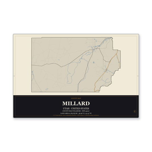 Millard County, Utah Map Aluminum Sign in Museum Plaque style