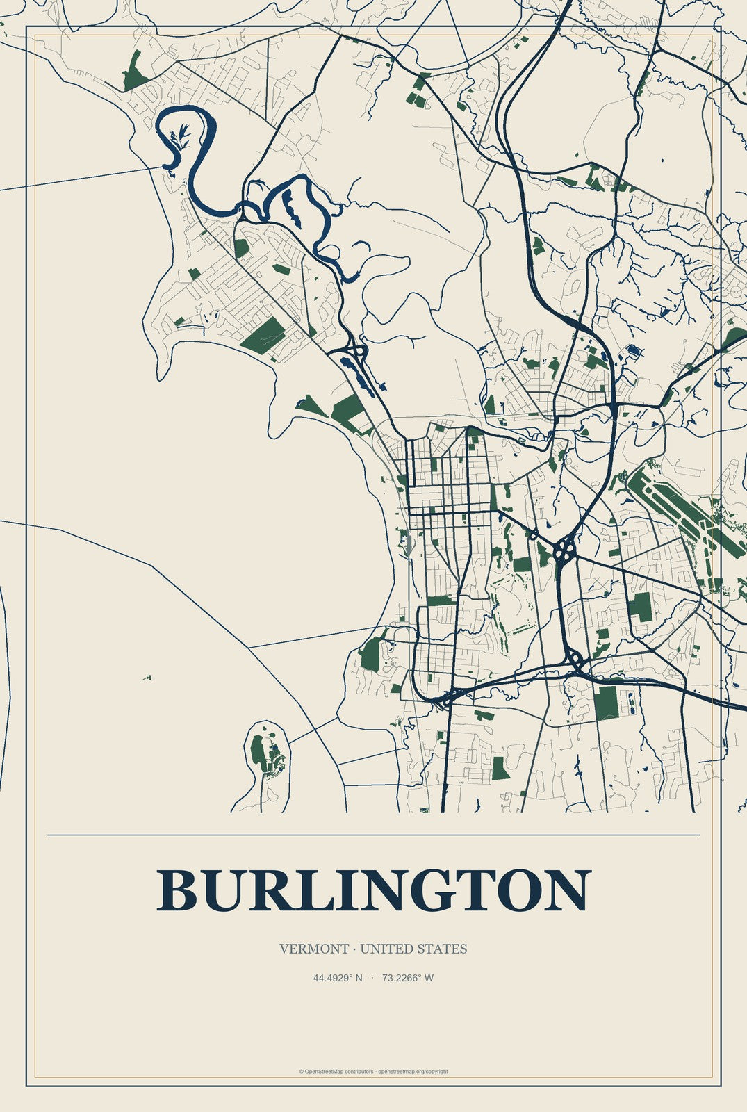 Burlington, Vermont City Map Aluminum Sign in Coastal Cutout style