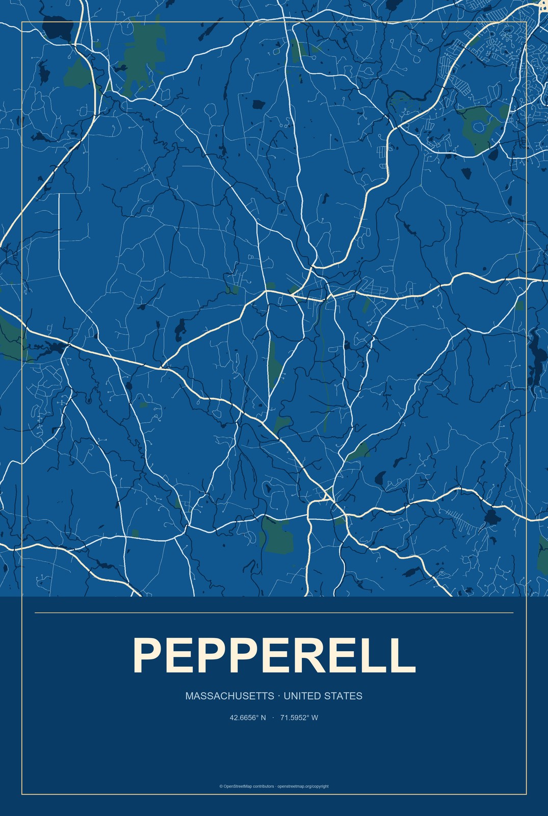 Pepperell, Massachusetts City Map Aluminum Sign in Harbor Cobalt style
