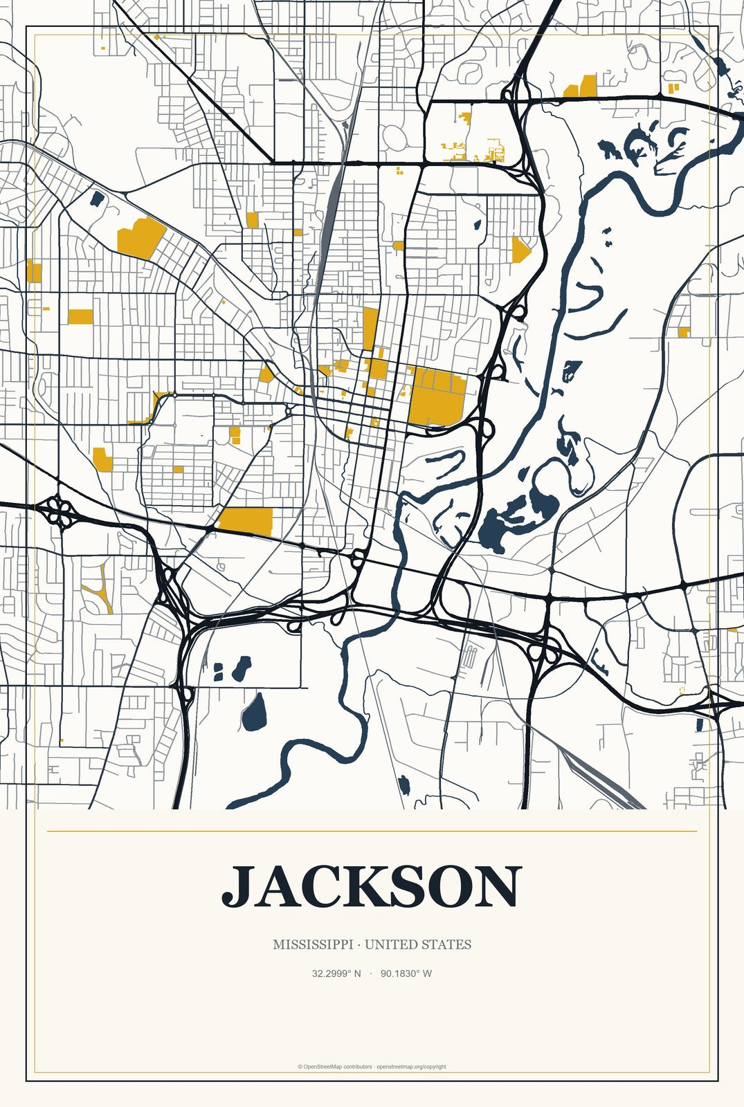 Jackson, Mississippi City Map Aluminum Sign in Citrine Modern style
