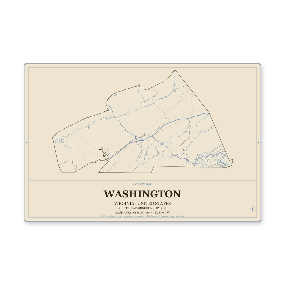 Washington County, Virginia Map Aluminum Sign in Heritage Nautical style