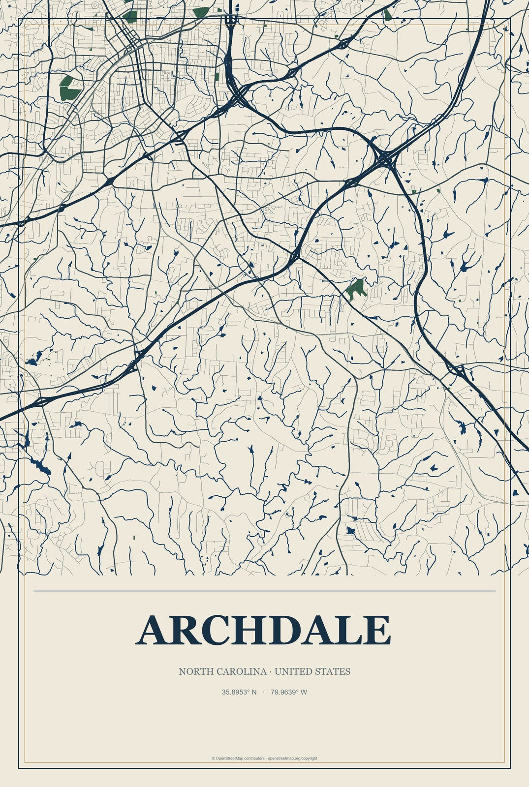 Archdale, North Carolina City Map Aluminum Sign in Coastal Cutout style