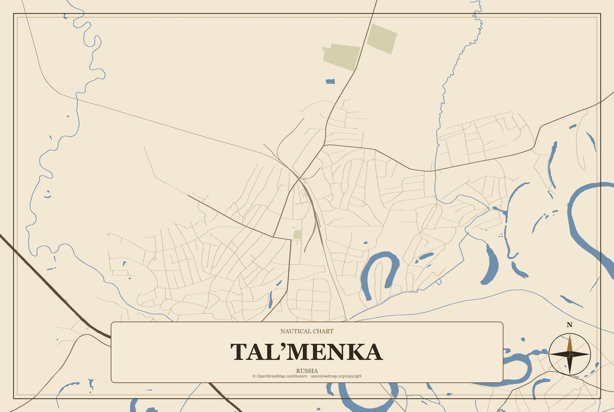 Tal’menka, Russia City Map Aluminum Sign in Heritage Nautical style