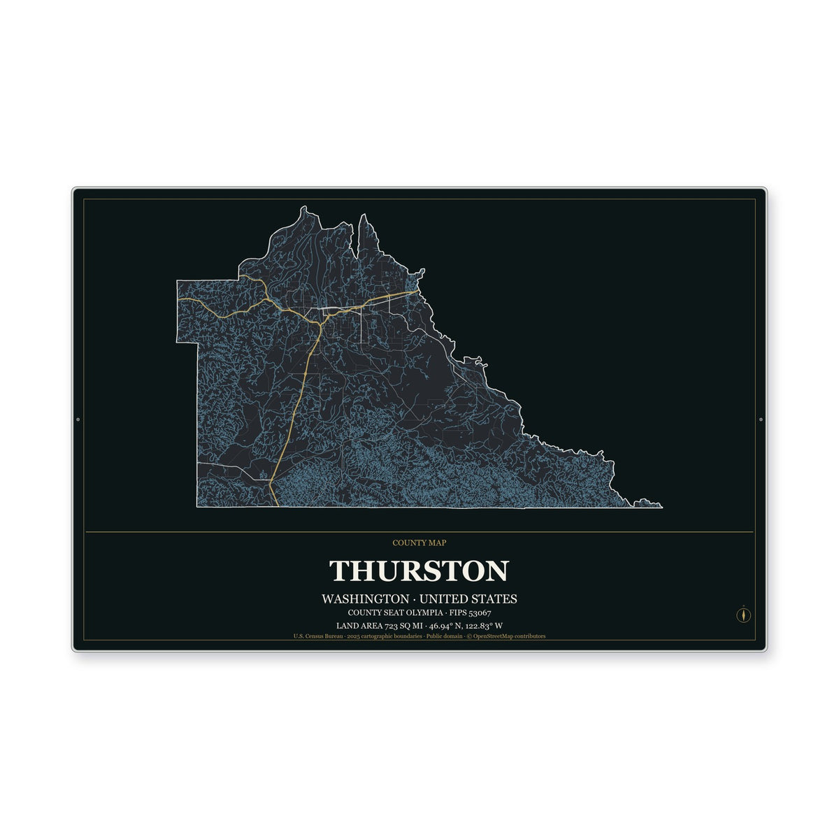 Thurston County, Washington Map Aluminum Sign in Metropolitan Noir style