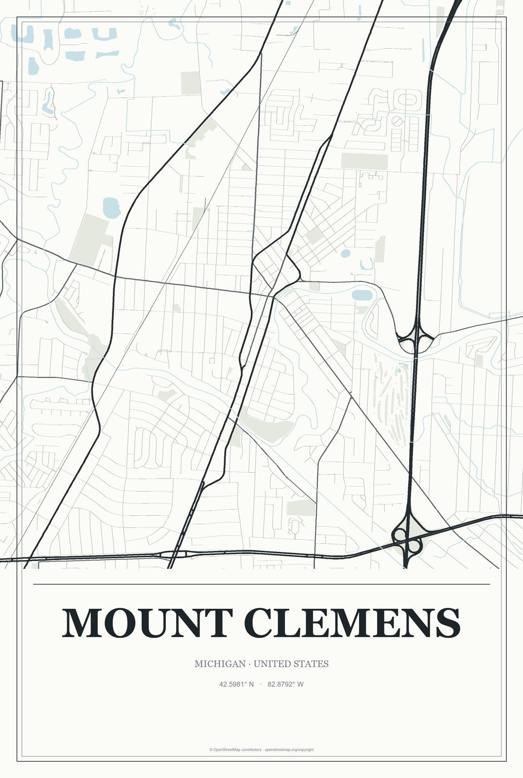 Mount Clemens, Michigan City Map Aluminum Sign in Gallery Air style