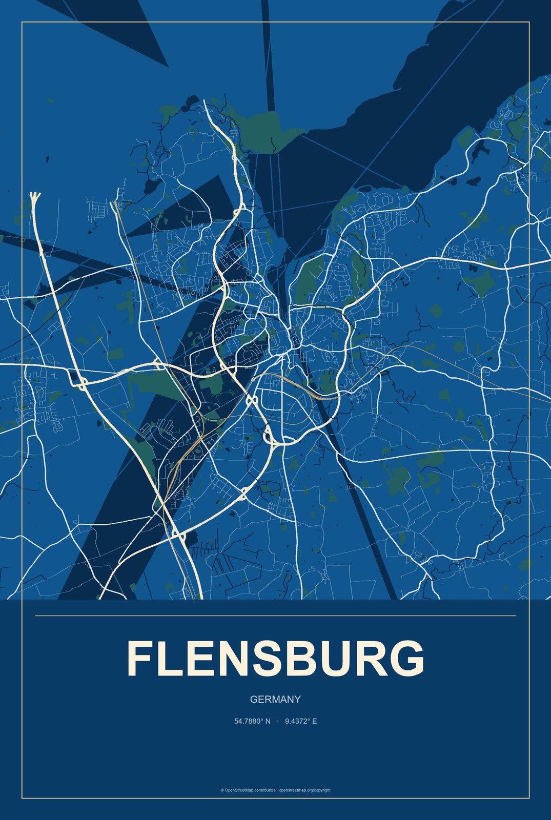 Flensburg, Germany City Map Aluminum Sign in Harbor Cobalt style