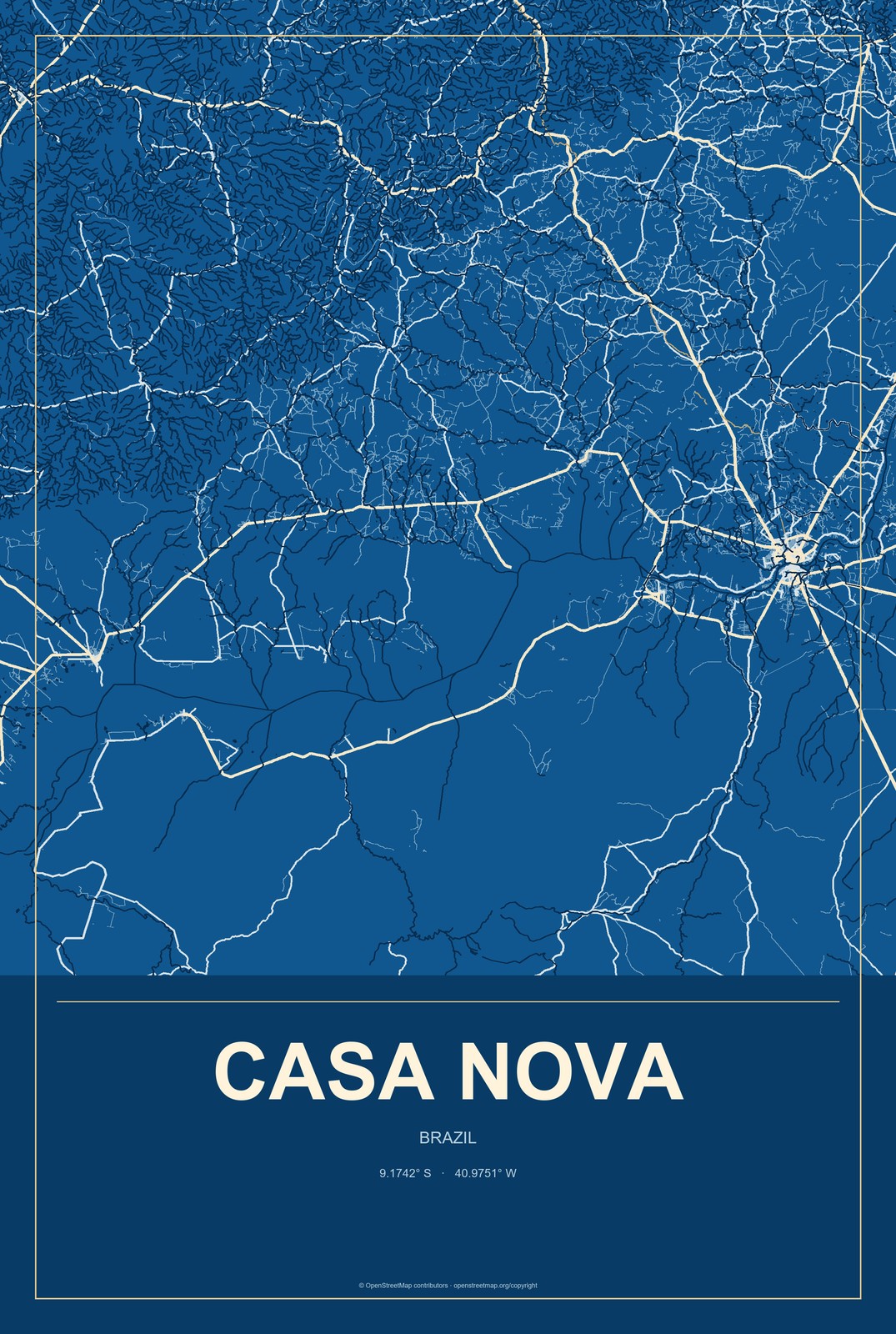 Casa Nova, Brazil City Map Aluminum Sign in Harbor Cobalt style