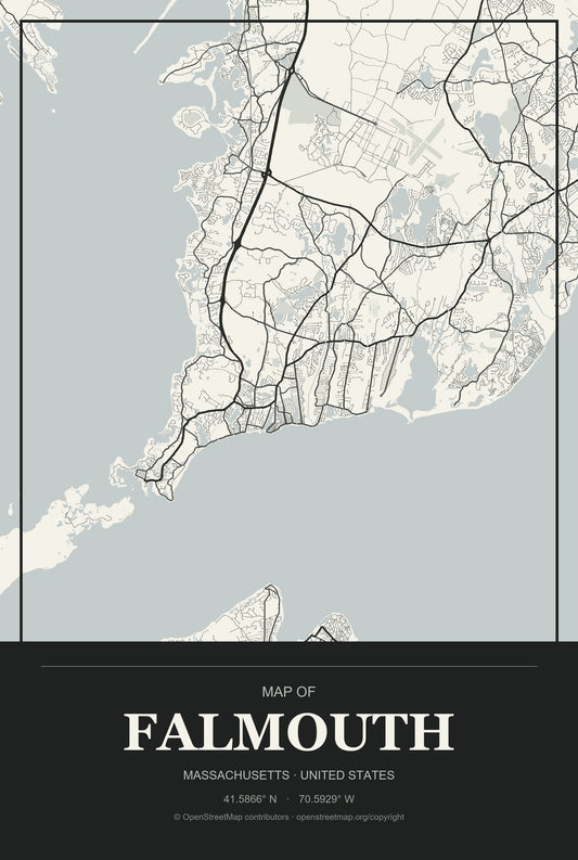 Falmouth, Massachusetts City Map Aluminum Sign in Museum Plaque style